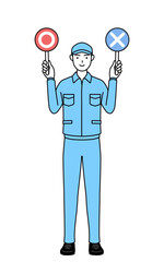 Fototapeta na wymiar 正解と不正解を示す棒を持つ帽子と作業着姿の男性
