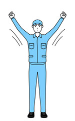 ラジオ体操をする帽子と作業着姿の男性