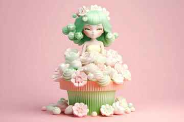 Cute Korean Doll in a pink room full of flowers