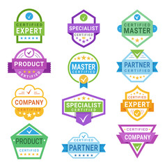 Certified badges product expert specialist partner master company emblem with ribbon set vector flat