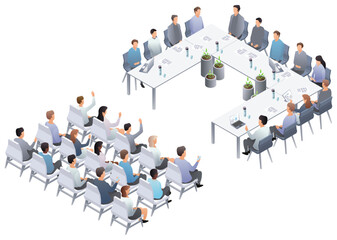 Business presentation, speech. Presentation conference coworking workplace brainstorming and discussion isolated. Indicators and coaching. Vector isometric, 3d