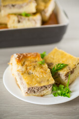 Cooked meat pie, pieces in a plate