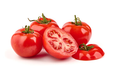 Tomato branch. Ripe fresh tomatoes, close-up, isolated on white background.