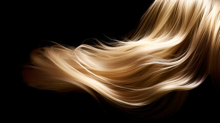 Blondie gold hair wavy strand. Isolated on black background. Shiny haircare style shampoo beautiful smooth colored hair close up photo