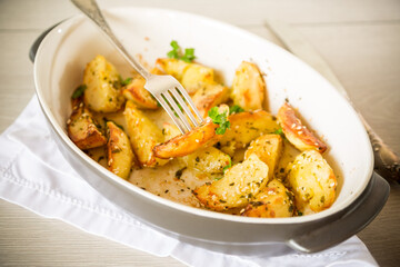 potatoes baked with sesame seeds, herbs and spices in the oven