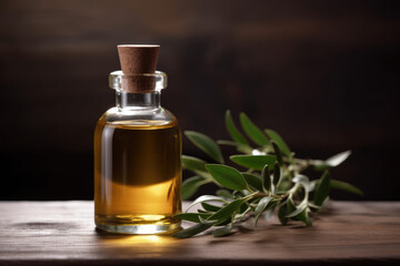 Obraz na płótnie Canvas Fragrant Tea Tree or Melaleuca Essential Oil in a small glass bottle next to a branch, dark rustic wood background. Generative AI.
