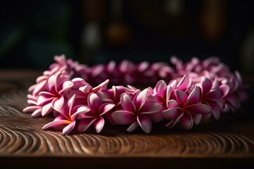 Fototapeta na wymiar Pink frangipani lei from Hawaii. Generative AI