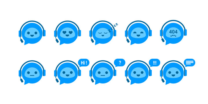 Chat Bot Logo Set Design Concept. Virtual Assistant Bot Set Icon Logo. Robot Head With Headphones. Customer Support Service Chat Bot. Vector