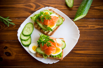 fried toast with lettuce, egg, cucumbers and red fish in a plate.