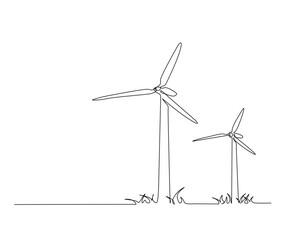 Continuous one line drawing of wind turbines power eco energy. Wind turbines power outline vector illustration. Editable stroke.