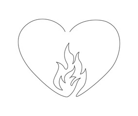 Continuous one line drawing of love and fire. Fire flame inside love shape single line art vector illustration. Editable stroke.