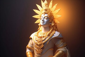 Culture and religious concept. God Krishna sculpture. Yellow colored. Copy space. Generative AI