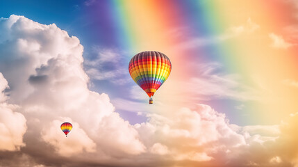 A rainbow colored hot air balloon flying through a cloudy sky. Generative AI.