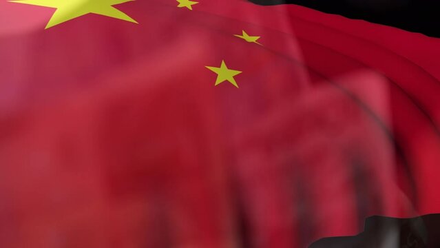 Animation of waving chinese flag over euro bills falling against black background