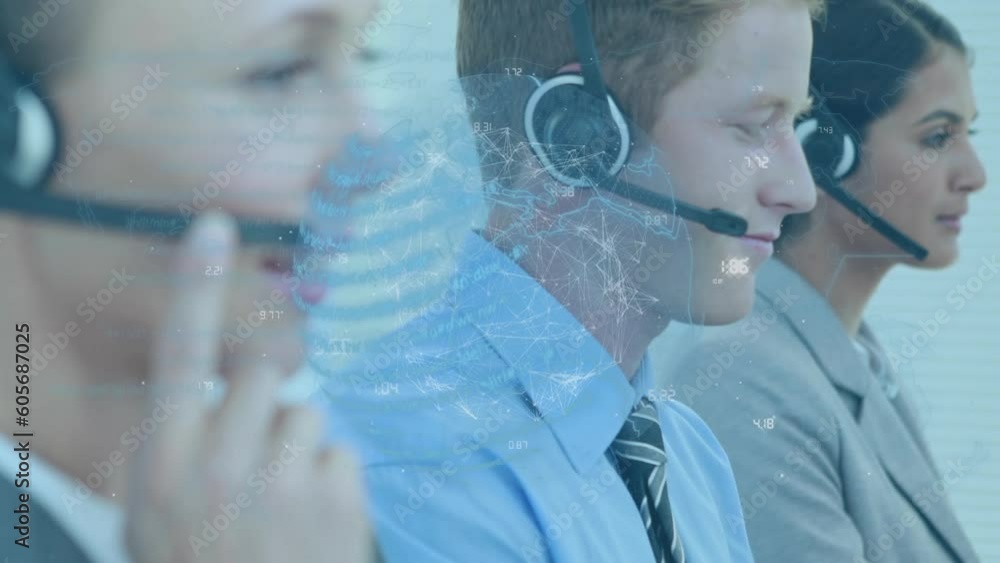 Poster animation of globe and data processing over diverse business people using phone headsets