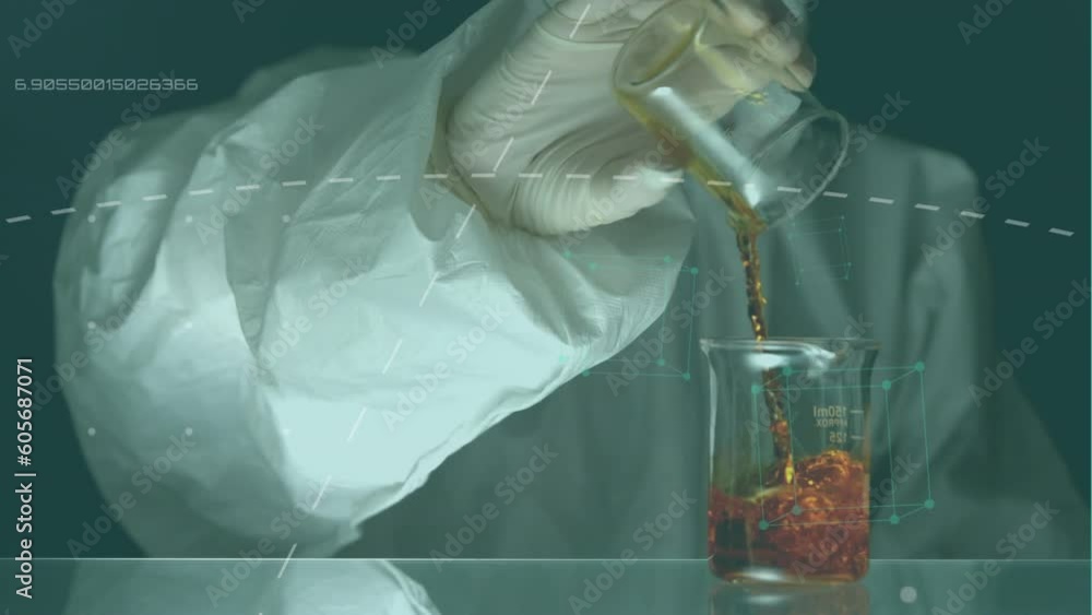 Poster animation of data processing over caucasian scientist pouring liquid into beaker