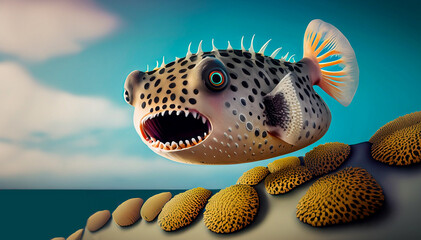 illustration of surrealistic pufferfish with opened mouth