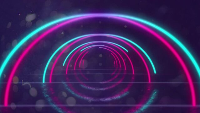 Animation of neon circles and light spots on blue background