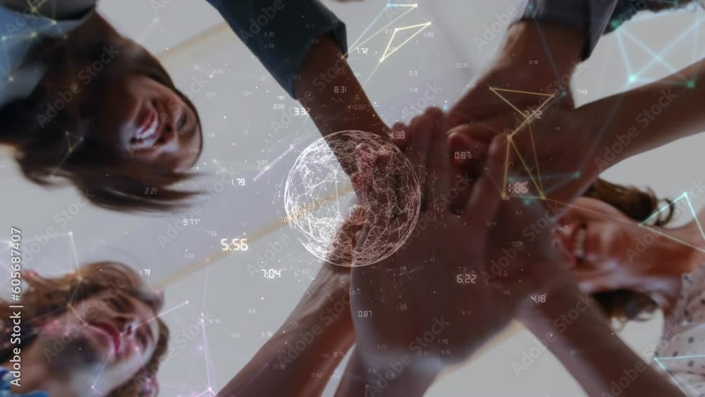 Poster animation of globe and data processing over diverse business people teaming up