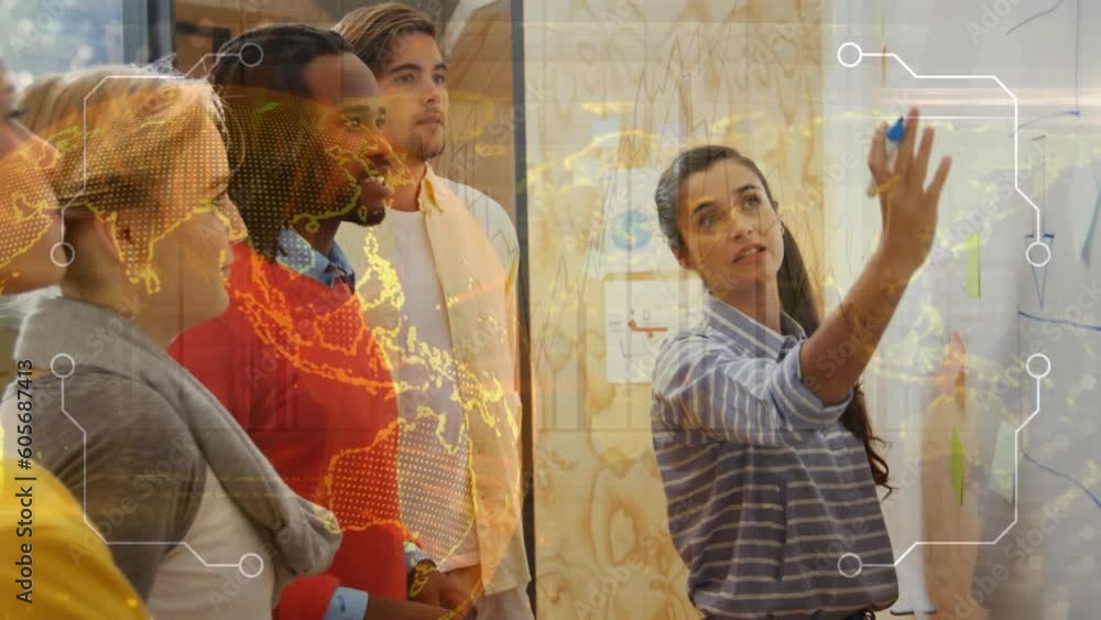 Poster Animation of globe and data processing over diverse business people discussing work