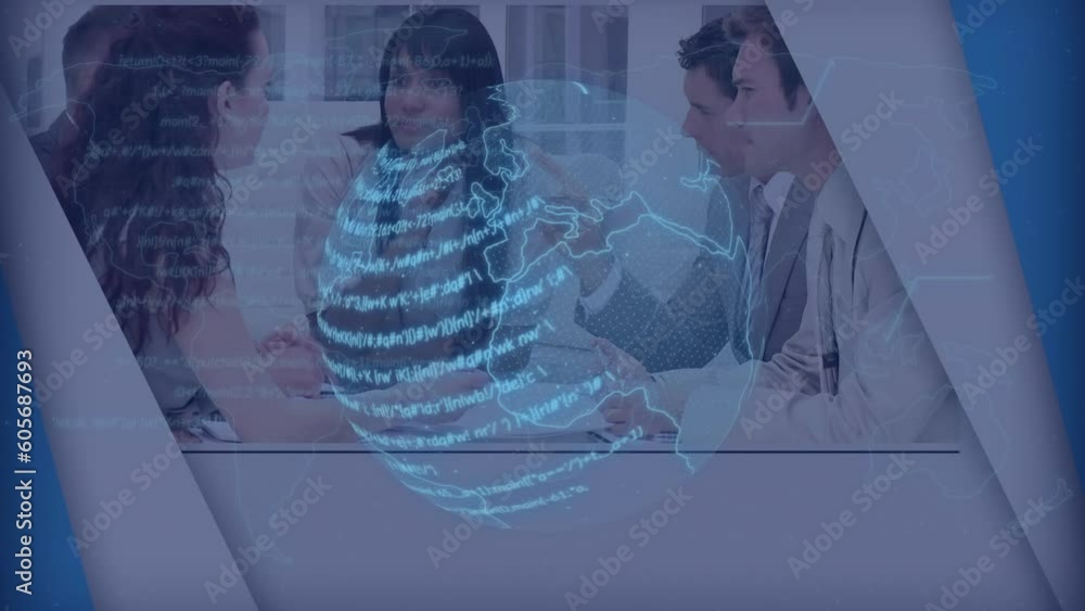 Poster animation of data processing and globe over diverse business people discussing work