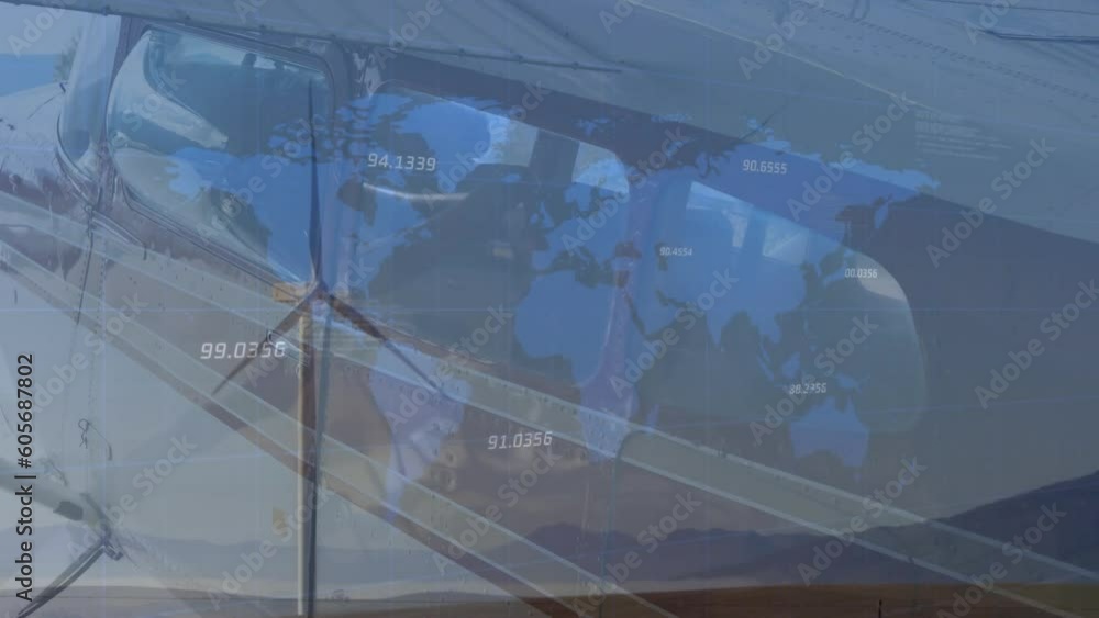 Poster animation of world map and data processing over wind turbines and plane