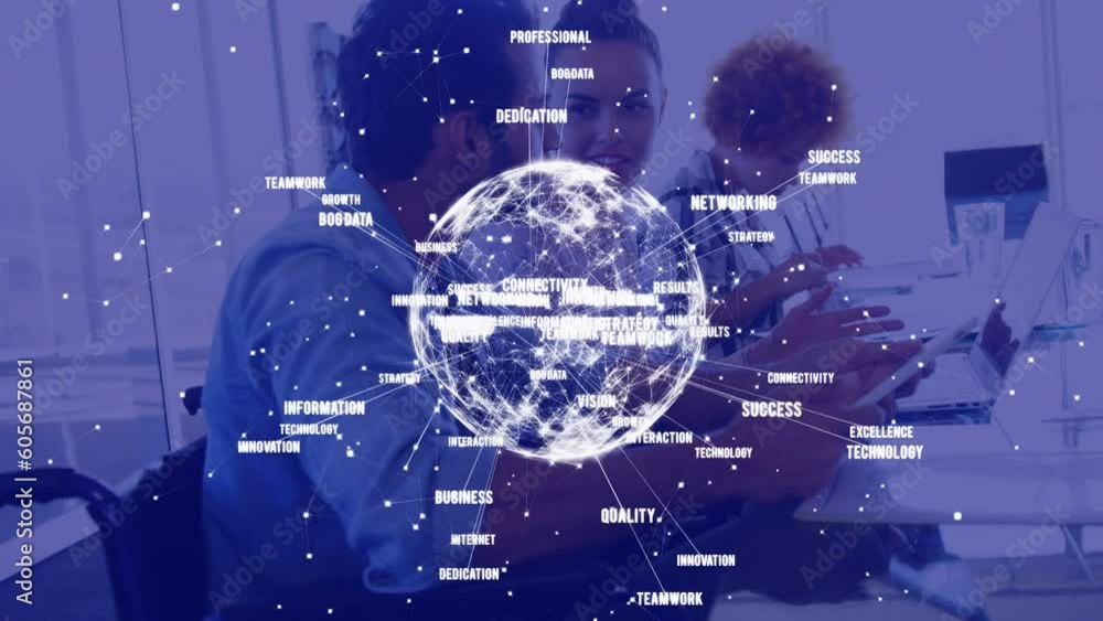 Poster animation of globe and data processing over caucasian disabled businessman with colleagues in office