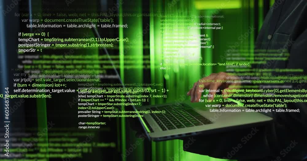 Poster animation of data processing over asian man using laptop by computer servers
