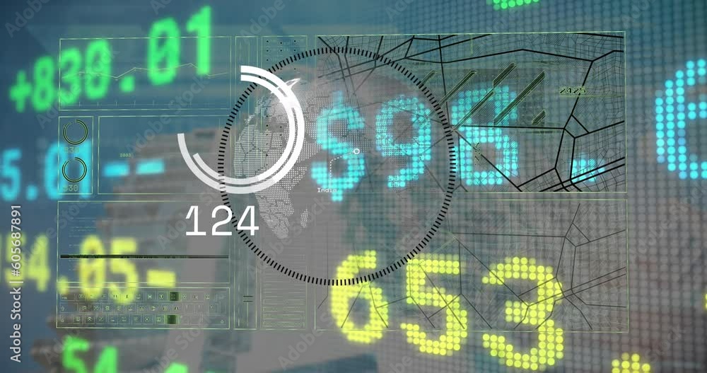 Poster animation of globe in circle, trading board and loading circles against low angle view of building