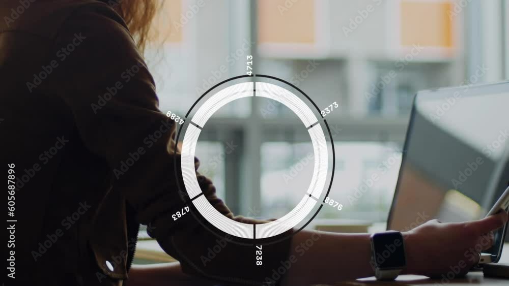 Aufkleber animation of loading circles with changing numbers over caucasian woman using cellphone and laptop