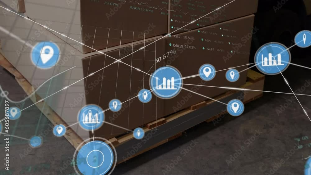 Poster animation of network of digital icons and financial data processing over stack of boxes on a pallet