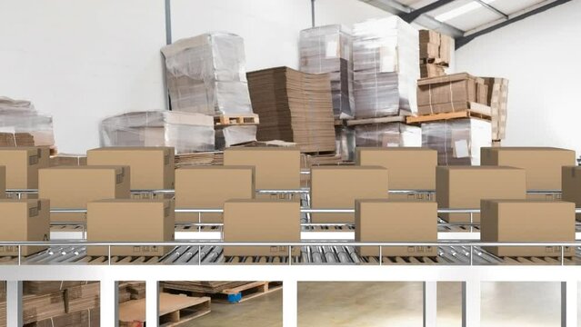 Animation of boxes on conveyor belt over warehouse