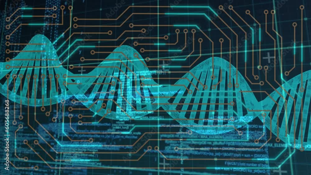 Poster animation of circuit board pattern over dna helix against computer language on black background