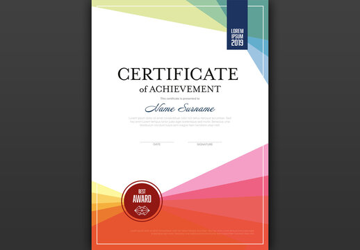 Modern portrait vertical certificate of achievement template with place for your content - colorful design