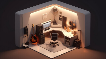 Isometric design of a compact recording room. Generative AI
