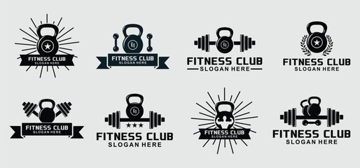 vector illustration of a gym logo, fitness emblem, sport label and barbell in monochrome shades