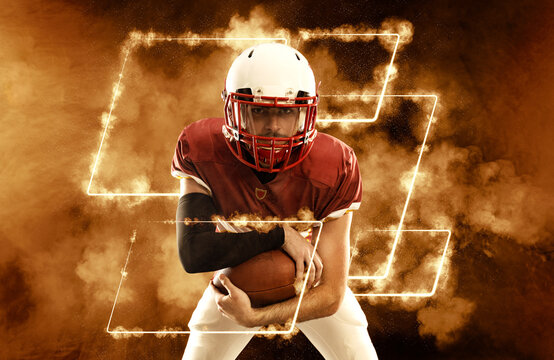 American football player banner with yellow neon lights. Template for bookmaker ads with copy space. Mockup for betting advertisement. Sports betting, football betting, gambling, bookmaker, big win