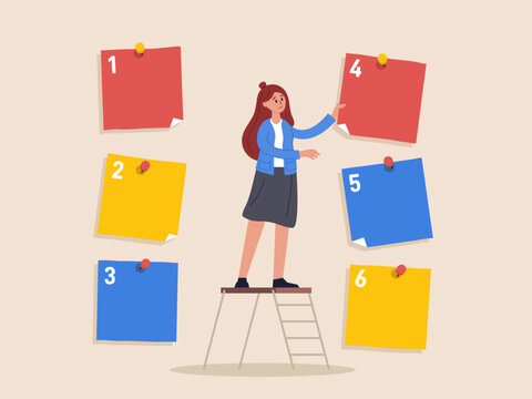 Task management concept. Set work priority, arrange to do list which job to do before and after, young entrepreneur businesswoman manage to prioritize sticky note with number first, second and third.