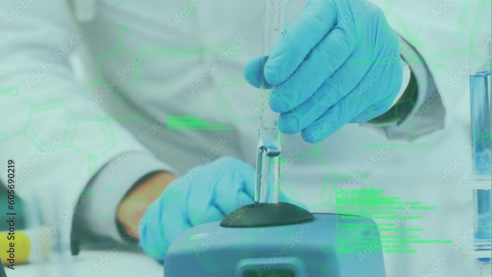 Poster animation of data processing over caucasian scientist with test tube