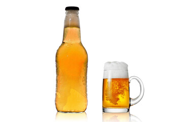 Beer bottle with beer mug mockup isolated on white background. 3d rendering.