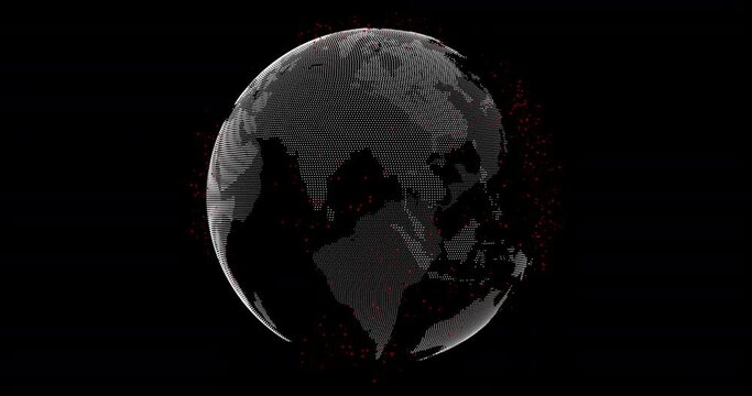 Particle Earth Globe with red satellites. Rotating digital planet with alpha channel. Seamless loop animation