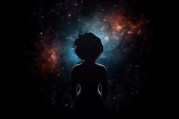 State of mind concept. Dark woman silhouette in black sky with stars background. Stargazing. Copy space. Generative AI