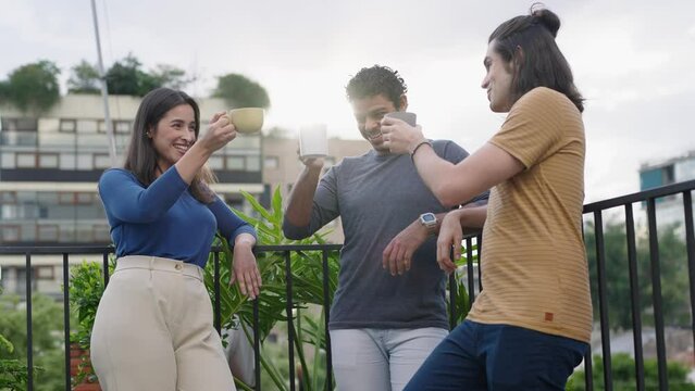 Happy multiracial young people friends talking laughing.