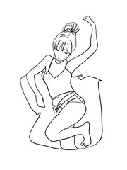 A woman setting on beach side is hand drawn in one line and line art style. Anime style body expression. Printable art.