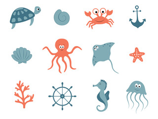 Cute ocean animals isolated on white background. Sea set. Vector illustration for kids design. Cartoon octopus, shell, jellyfish, starfish, crab, stingray, turtle, sea horse, coral, anchor