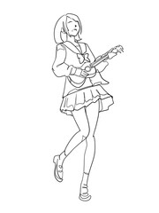 A woman playing guitar is hand drawn in one line and line art style. Anime style body expression. Printable art.