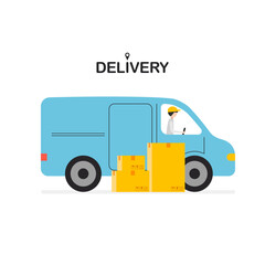 Naklejka premium Express delivery by van or truck. Heap of boxes. Fast shipping service icon. Relocation or moving concept. Vector illustration isolated on white.