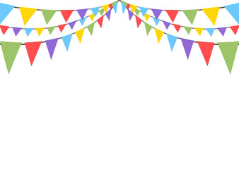 Celebrate hanging triangular garlands. Colorful perspective flags party isolated on white background. Birthday, Christmas, anniversary, and festival fair concept. Vector illustration.