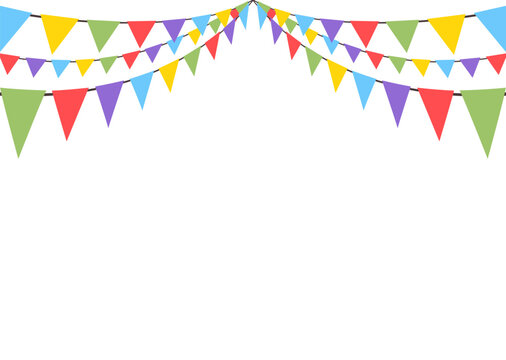 Celebrate hanging triangular garlands. Colorful perspective flags party isolated on white background. Birthday, Christmas, anniversary, and festival fair concept. Vector illustration.