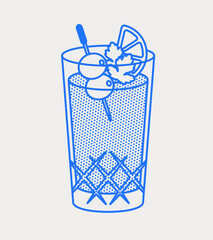 Bloody Mary cocktail with olives, lemon wedges, and parsley leaves. Line art, retro. Vector illustration for bars, cafes, and restaurants.